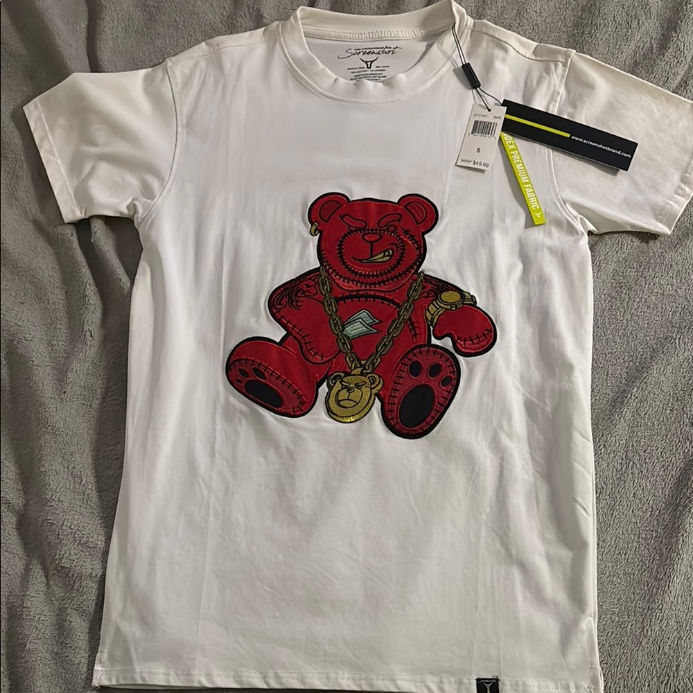 Red and White Short Sleeve Tee with Bear Graphic